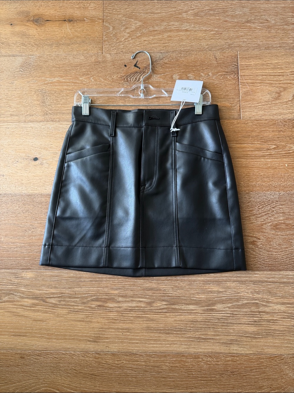 pistola Black Faux Leather Mini Skirt with Front Seams